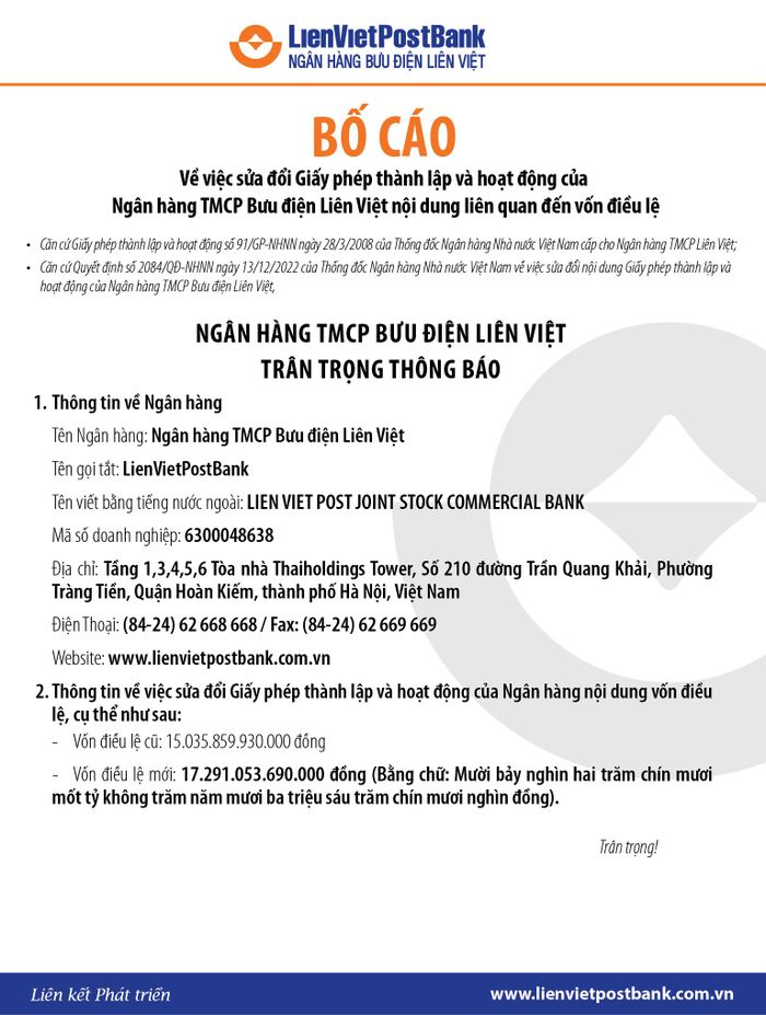 LienVietPostBank thay đổi giấy phép thành lập và hoạt động